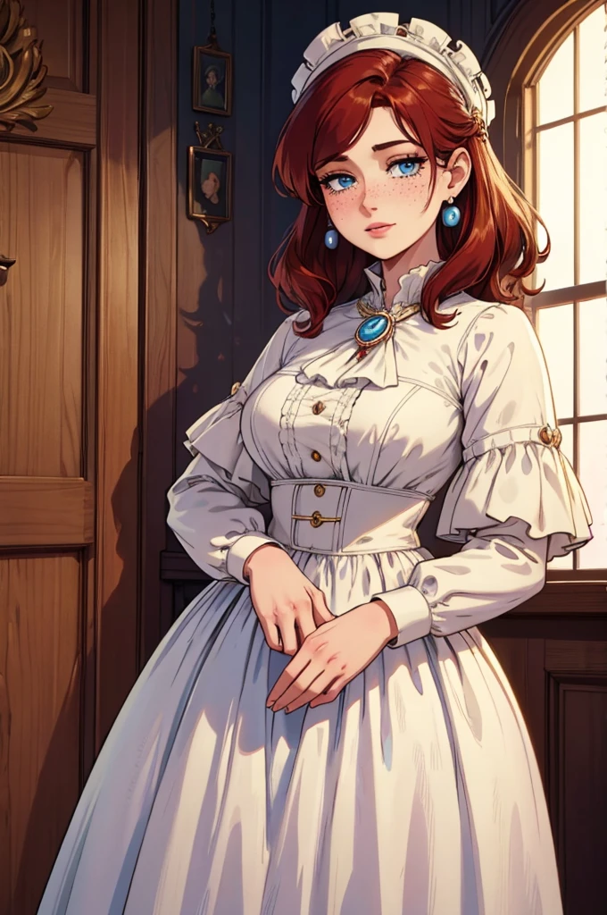 High definition, 4K, HD, 8K, Best Quality, Masterpiece, 1woman, historical early 1900s American outfit, hair ornament, dress, ivory brooch, pearl earrings, medium length hair, brownish red hair, beautiful face solo, beautiful blue eyes, fair skin, some freckles
