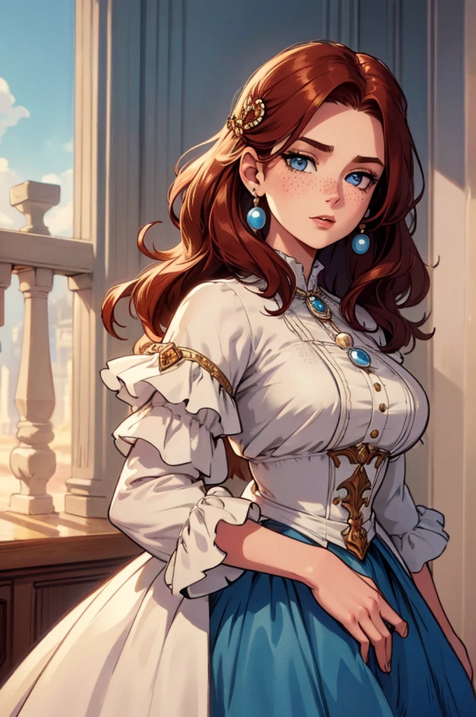 High definition, 4K, HD, 8K, Best Quality, Masterpiece, 1woman, historical early 1900s American outfit, hair ornament, dress, ivory brooch, pearl earrings, medium length hair, brownish red hair, beautiful face solo, beautiful blue eyes, fair skin, some freckles