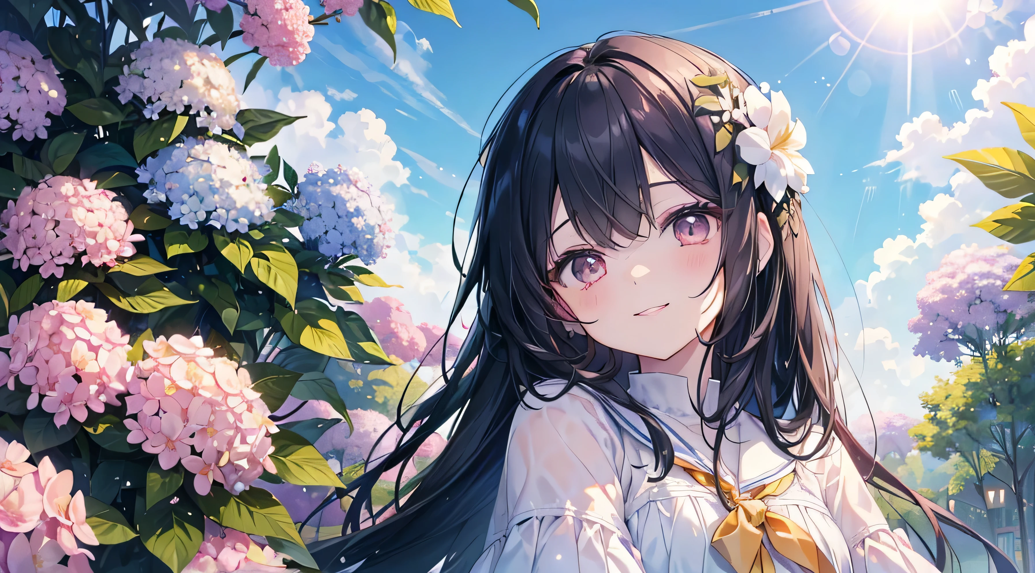 (((Highest quality、masterpiece、Ultra-fine、Ultra-fine、Exquisite、16k、Full HD,high school girl,))) 、Black Hair,((Sad), (((Looking up from below)))) 、((Soft sunlight、((sunny)) )),Hydrangea flowers blooming in the rain、Dark Eyes、Long eyelashes、White skin、(Pale pink lips、Pale pink cheeks、thin and long)、 ((cute)) ((one person)) 、((The best smile)) 、
