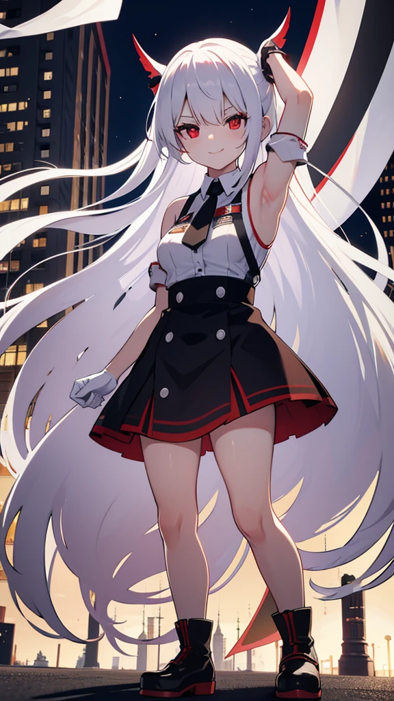 Deutschland white long hair and red eyes from azur lane Evil smile with a German banner on arm standing in the middle of the road in New York and lots of German flags covered and flying above the city