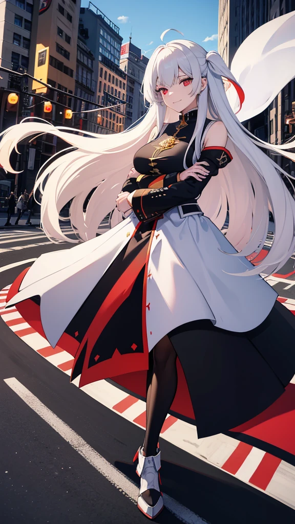Deutschland white long hair and red eyes from azur lane Evil smile with a German banner on arm standing in the middle of the road in New York and lots of German flags covered and flying above the city