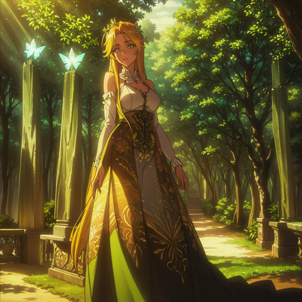 beautiful sexy girl in mystical forest, fantasy forest fairy, elegant flowing dress, long hair, beautiful detailed eyes, beautiful detailed lips, extremely detailed face, longeyelashes, intricate floral crown, glowing butterflies, sunlight streaming through trees, vibrant colors, photorealistic, masterpiece, 8k