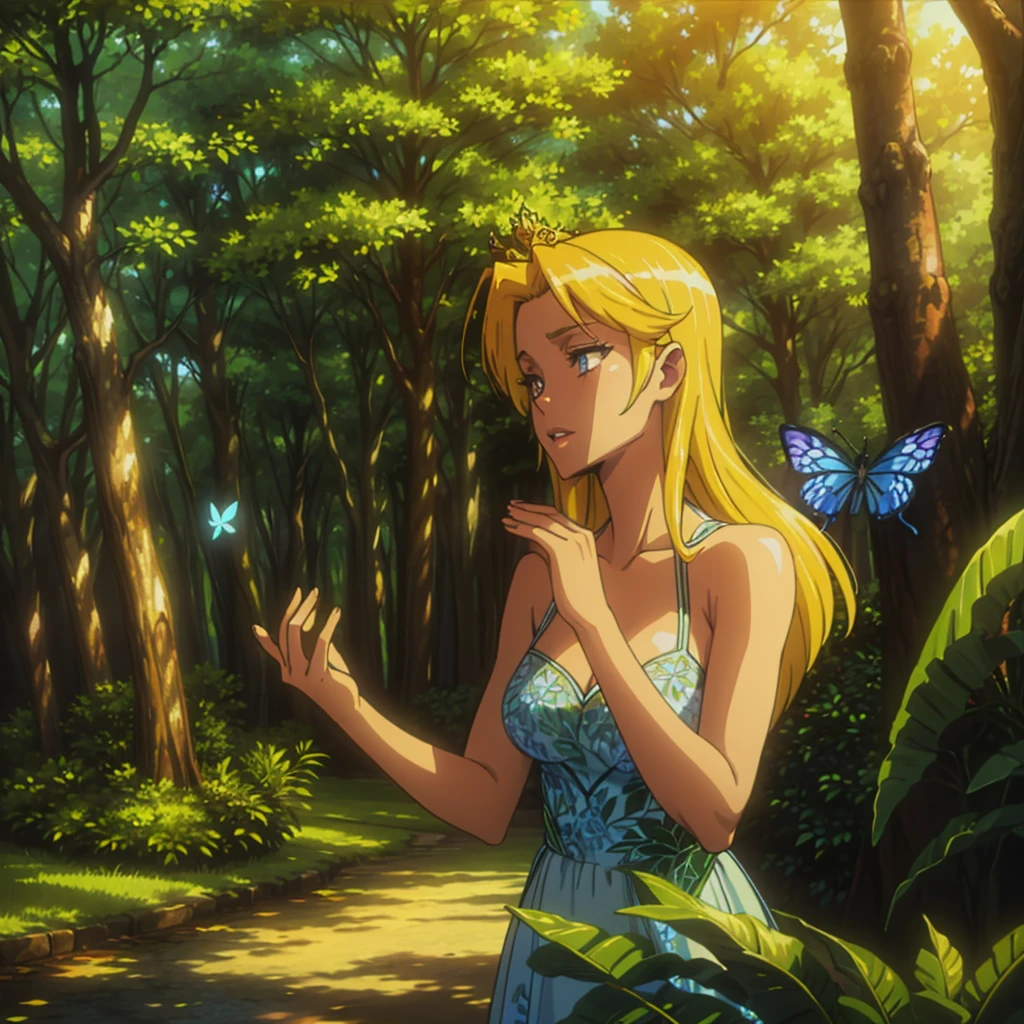 beautiful sexy girl in mystical forest, fantasy forest fairy, elegant flowing dress, long hair, beautiful detailed eyes, beautiful detailed lips, extremely detailed face, longeyelashes, intricate floral crown, glowing butterflies, sunlight streaming through trees, vibrant colors,  photorealistic, masterpiece, 8k