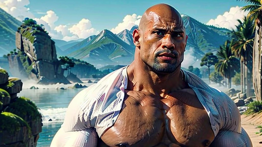 Make the character Dwayne Johnson with a serious expression, determinada e obstinada. Ele deve ter um olhar penetrante e focado, como se estivesse enfrentando um grande desafio ou preparando-se para uma batalha importante. A sua postura deve ser firme e confiante, transmitting strength and resilience.