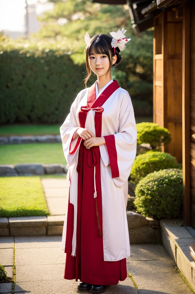 Red hakama, red Japanese style pants, the lower half of the costume is red, Main hall of the shrine, Shrine maiden, ((full body)), ((photo)), ((best qualtiy, 8K, tmasterpiece: 1.3)), Focus: 1.2, perfect figure beautiful girl: 1.4, 1girl, cowboy shot, look at viewer, incredibly absurd, beautiful and cute girl with a photorealistic face, showcasing top-quality craftsmanship, Japanese girl sweeping the garden at the shrine, 17 years old, Her hair is half-up with smooth curls, glossy jet black long hair, Gentle features, Big deep brown eyes, Small face, Fair skin, Translucent, Smooth and silky skin, Natural eyebrow shape, Thin lips, Soft smile,, delicate, Well-balanced proportions, B cup small breasts, Simple and elegant shrine maiden costume, White robe and red hakama,, Beautiful girl, Clean, Healing, Moe, Elegant manners, Kind, Tolerant, Humble, Sincere, Deep faith, January