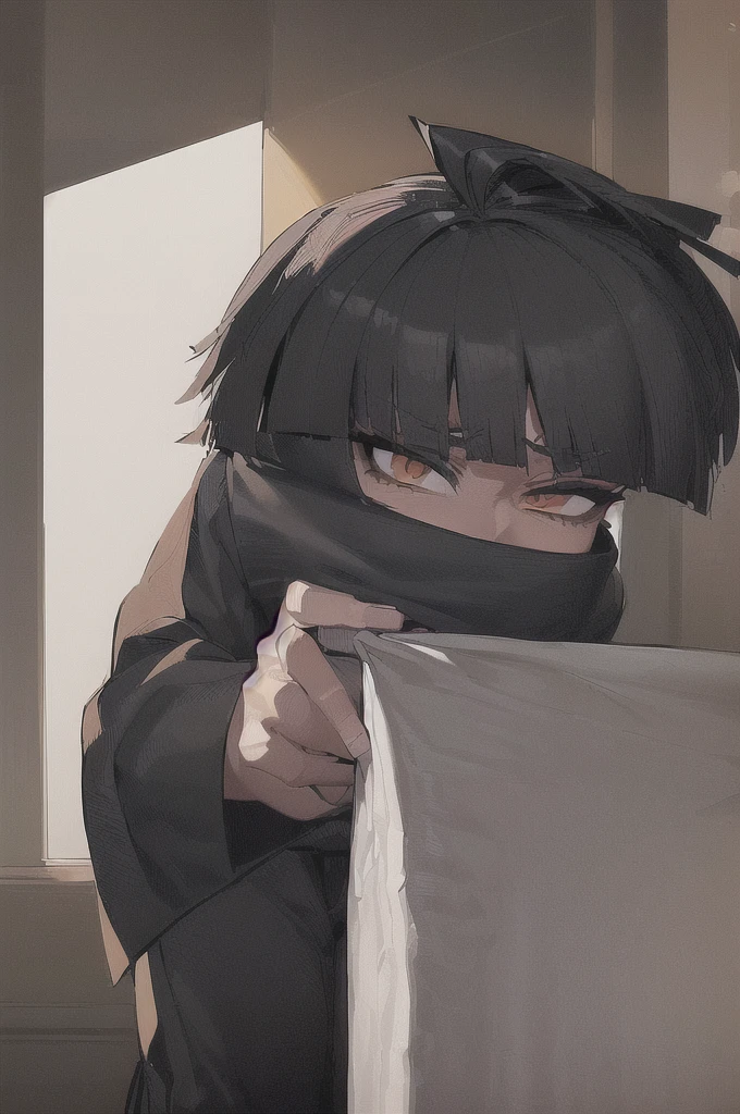 (((((shy girl))))), ((((shy posture)))), (((((1 girl))))), (((standing up straight))), (((full body drawing))), ((((flat chested)))), ((amber-colored irises on her eyes)), ((((Mikoto Urabe Mysterious Girlfriend X anime style haircut)))), ((((((((hair bangs over eyes)))))))), ((((eyes behind hair)))), (((black short messy bob-cut))), ((((((eyes not visible due to being covered by hair bangs)))))), ((((eyes not visible due to be hidden by hair bangs)))), ((((black high-waist long slacks)))), ((black suspenders)), (((black tie))), (((women's dress shirt))), ((women's dress shoes)), (((20-year-old Office Lady))), ((((Office Setting)))).