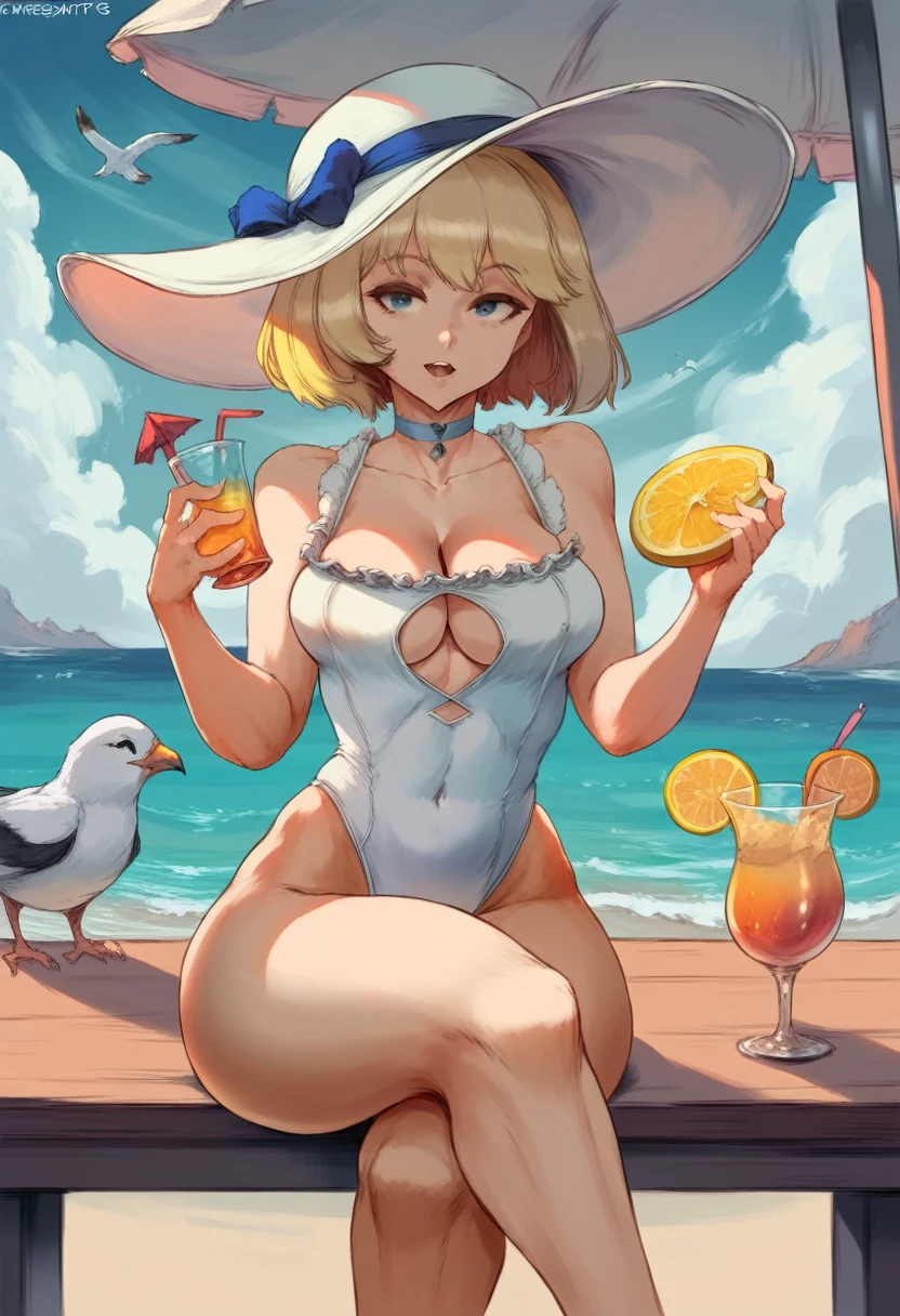 cutesexyrobutts style, 1girl, blonde_hair, solo, hat, crossed_legs, bird, sitting, sky, breasts, short_hair, umbrella, looking_at_viewer, outdoors, cloud, high_heels, day, one-piece_swimsuit, swimsuit, open_mouth, blue_sky, cup, white_headwear, choker, white_footwear, white_one-piece_swimsuit, drinking_glass, medium_breasts, seagull, bangs, smile, drinking_straw, beach_umbrella, flower, hat_flower, food, cleavage, clothing_cutout, water, lemon_slice, frills, border, lemon, blush, pink_eyes, white_choker, cloudy_sky, table, fruit, cleavage_cutout, sun_hat, ocean