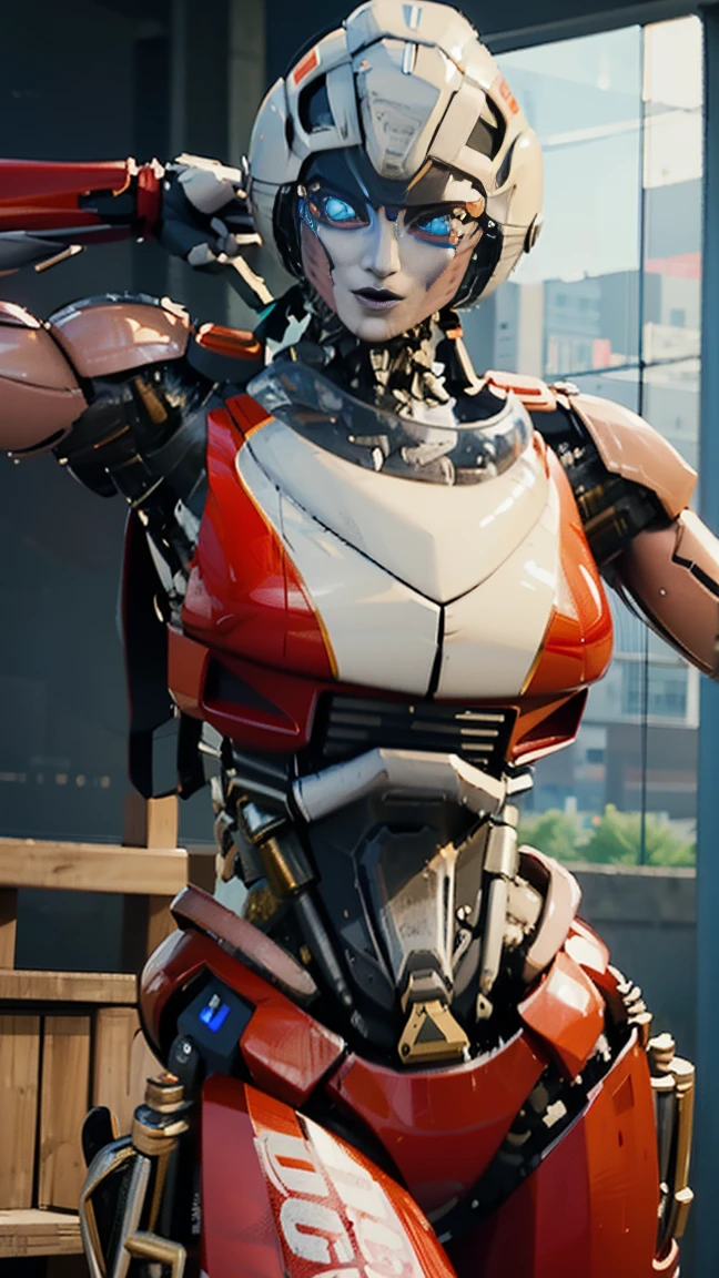 ROTB_Arcee, 1 chica, pechos grandes, innie pussy, sonrisa, robot, mecha, (ojos brillantes:1.2), Caderas anchas, ombligo, muslos gruesos, pose T , modelado 3d, voluptuosa, primer plano, enfoque frontal, retrato, de frente 1:2, mirando al observador frontal, squating, modelado 3d , 3d , blender Cuerpo completo bragas azules