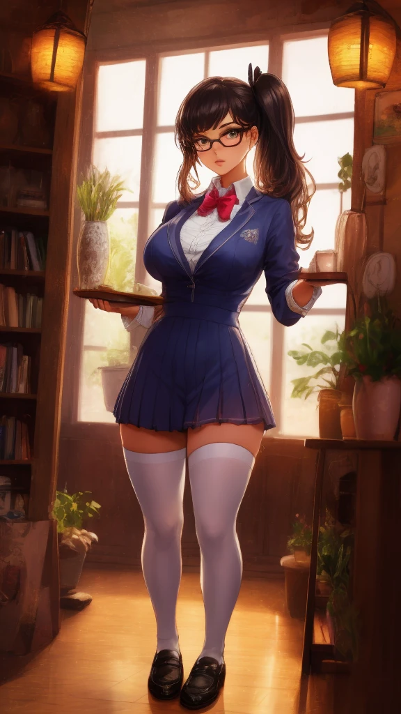 anime female character in , with short skirt, 
BREAK
, nakamuramisaki, twin tail, Glasses, black hair, (Beautiful,Huge_Breasts:1.3), milf,
BREAK
, 1girl, solo, Standing in the garden, full body, full figure,
BREAK
, Beautifully detailed illustration of a cozy and meticulously decorated school classroom with warm lighting, vibrant colors, and an inviting atmosphere.
BREAK
, , thigh-highs, Blazer (Blazer), bow, , bowtie, shoes, loafers, ribbon,
BREAK
, beautiful detailed eyes, beautiful detailed lips, extremely detailed eyes and face, long eyelashes,
BREAK
, medium: oil painting, atmospheric lighting, dreamy color palette, detailed interior decoration, quiet and peaceful ambiance,
BREAK
, (best quality,4k,8k,highres,masterpiece:1.2), ultra-detailed, bikini