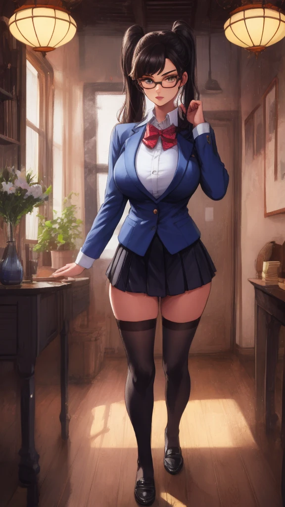 anime female character in , with short skirt, 
BREAK
, nakamuramisaki, twin tail, Glasses, black hair, (Beautiful,Huge_Breasts:1.3), milf,
BREAK
, 1girl, solo, Standing in the garden, full body, full figure,
BREAK
, Beautifully detailed illustration of a cozy and meticulously decorated school classroom with warm lighting, vibrant colors, and an inviting atmosphere.
BREAK
, , thigh-highs, Blazer (Blazer), bow, , bowtie, shoes, loafers, ribbon,
BREAK
, beautiful detailed eyes, beautiful detailed lips, extremely detailed eyes and face, long eyelashes,
BREAK
, medium: oil painting, atmospheric lighting, dreamy color palette, detailed interior decoration, quiet and peaceful ambiance,
BREAK
, (best quality,4k,8k,highres,masterpiece:1.2), ultra-detailed, bikini