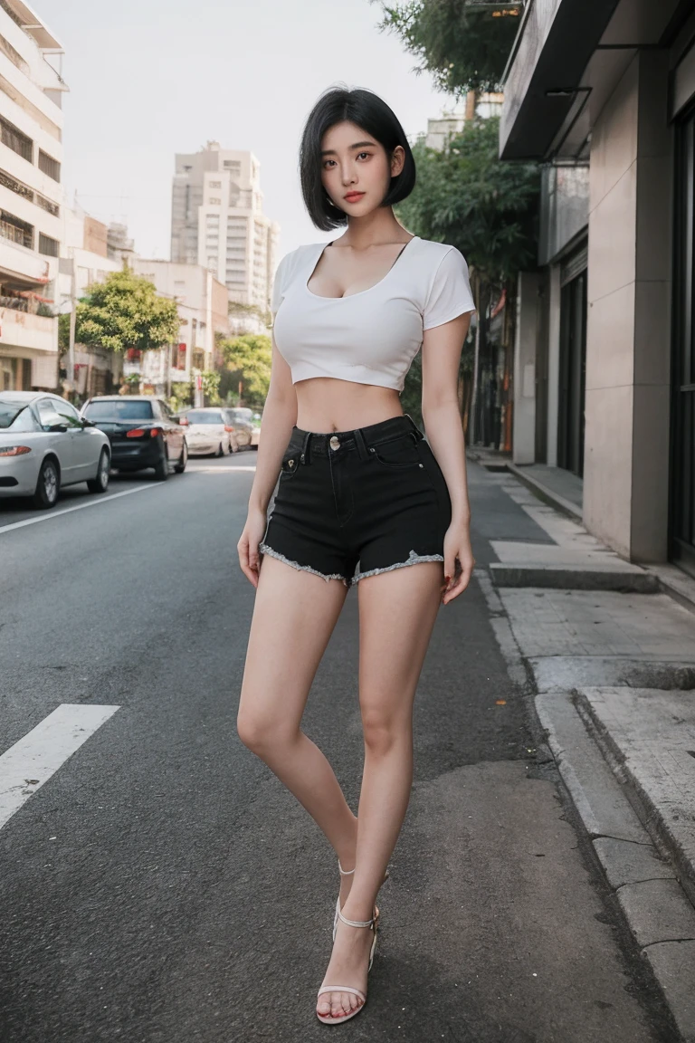 Professional, realistic, High level of detail, Full body photo of 18 years old woman, korean, Tight shorts jeans, (White crop top t-shirt:1.3_MUST), (glossy black hair in blunt bob:1.3), full body, Standing posing for a photo, on a street, photogrnic pose, (random standing pose: 1.3) ,Natural light, (Attractive young woman:1.3), (seductive:1.1), (blush:1.1), round and big breasts, cleavage at south jakarta buildings