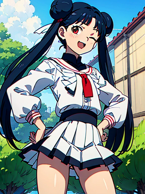 (((masterpiece))) ( Background : outdoor theme : bright : crowded cuty ) ( character : meiling : long smooth hair : fit body : lolicon : small breast : innocent smile : wearing ), one eye closed, , hair bun, black hair, , twintails, double bun, long hair, open mouth, hand on hip, brown eyes, pleated skirt,, white sailor collar, white skirt, bangs,, looking at viewer,