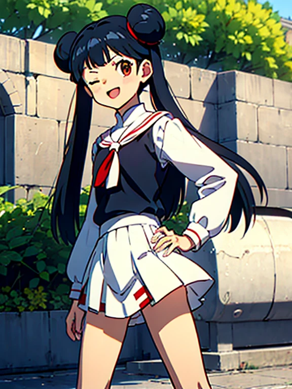 (((masterpiece))) ( Background : outdoor theme : bright : crowded cuty ) ( character : meiling : long smooth hair : fit body : lolicon : small breast : innocent smile : wearing ), one eye closed, , hair bun, black hair, , twintails, double bun, long hair, open mouth, hand on hip, brown eyes, pleated skirt,, white sailor collar, white skirt, bangs,, looking at viewer,