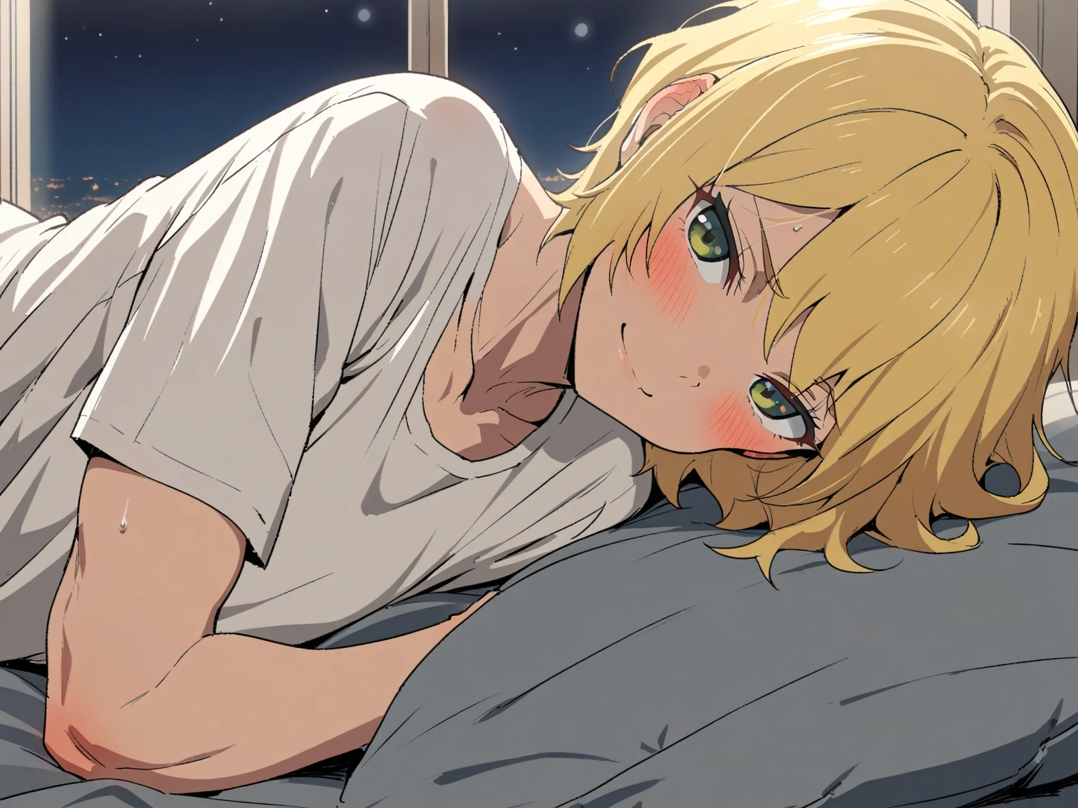 {{cowboy shot, sideways, pov, from side}} {{Artist: Sincos}} 1girl, solo, muscular female, mature female, androgynous, tomboy, gentle smile, blush, blonde hair, very short hair, bob cut, green eyes, flat chest, white shirt, palace bedroom, indoors, on bed, looking at viewer, pov, night, moonlight from window, beautiful, medieval fantasy.