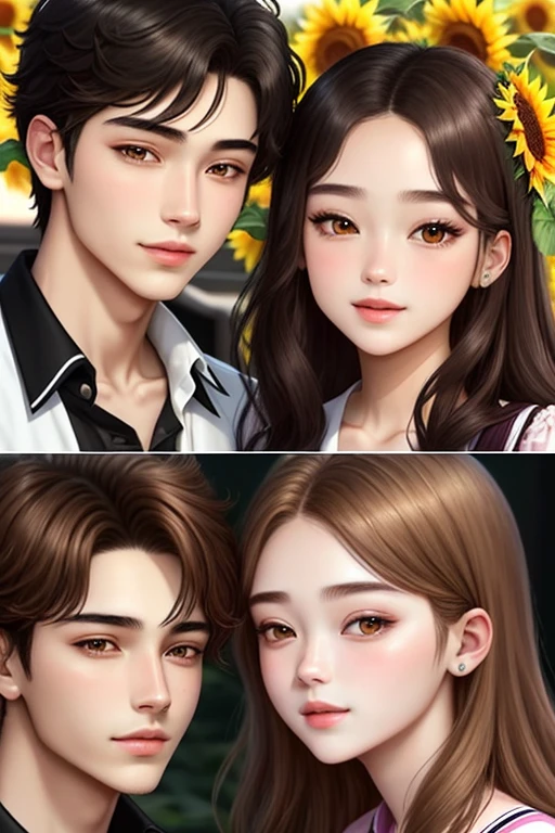 Sunflower theme. Prince and princess
20-year-old boy and 18-year-old girl and. Detailed face, double eyelid, hot vibes. Handsome-cool-warm-boy with brown hair and hot-seductive-sexy-cute-beautiful-girl with black hair and blushing face. Intimate vibes.