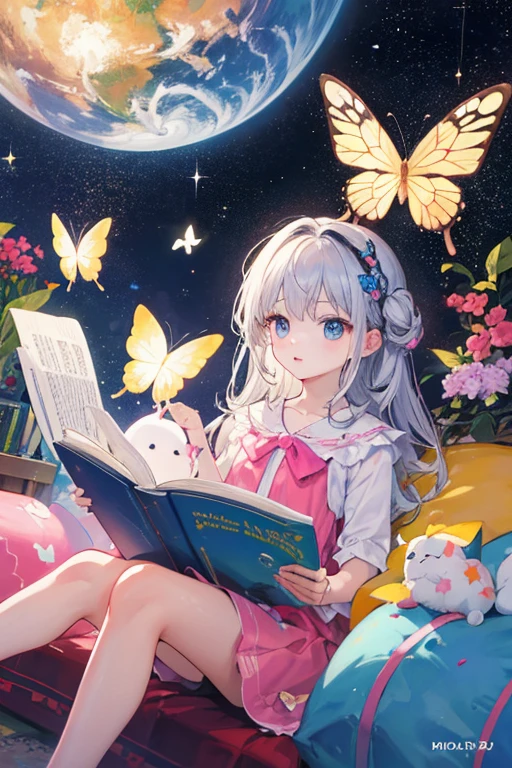 ((best quality)), ((masterpiece)), (detailed), kids girl, reading book in universe, bakscround multi universe with butterfly and high technology