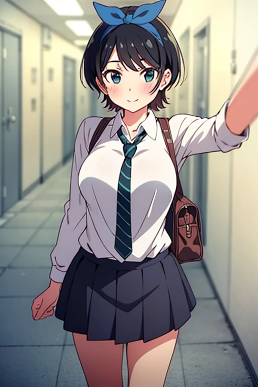 (masterpiece, best quality, ultra-detailed), 1girl, RukaSarashina, looking at viewer, standing, , smile, long hair, selfie, school corridor,
