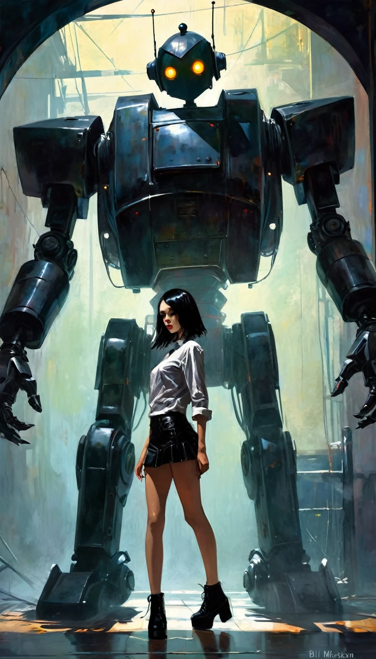 gothic punk sexy girl in love with robot giant monster (inspirational art by Dave McKean and Bill Sienkiewicz, oil painting, details of brush strokes that enhance depth) (best quality,4k,8k,highres,masterpiece:1.2),ultra-detailed,(realistic,photorealistic,photo-realistic:1.37),intricate details,vivid colors,sharp focus,professional,Dave McKean artwork, oil touch of surrealism,oil painting style,,dreamlike atmosphere,girl and giant robot, giant monster robot, sexy girl,shadow play,soft lighting,playful pose,minimalist room,dark hues,ethereal background,fantasy elements,texture,layered composition.
