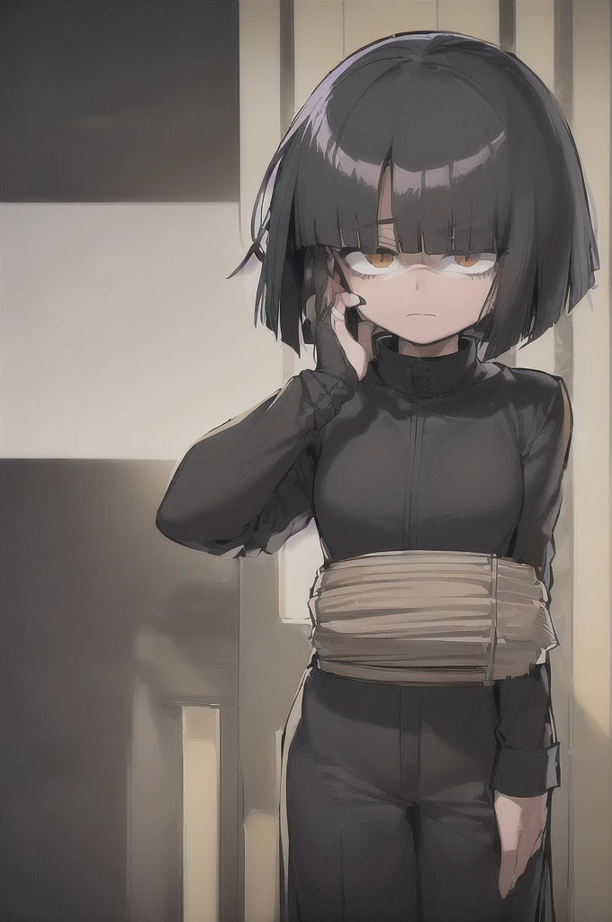 (((((shy girl))))), ((((shy posture)))), (((((1 girl))))), (((standing up straight))), (((full body drawing))), ((((flat chested)))), ((amber-colored irises on her eyes)), ((((Mikoto Urabe Mysterious Girlfriend X anime style haircut)))), ((((((((hair bangs over eyes)))))))), ((((eyes behind hair)))), (((black short messy bob-cut))), ((((((eyes not visible due to being covered by hair bangs)))))), ((((eyes not visible due to be hidden by hair bangs)))), ((((black high-waist long slacks)))), ((black suspenders)), (((black tie))), (((women's dress shirt))), ((women's dress shoes)), (((20-year-old Office Lady))), ((((Office Setting)))).