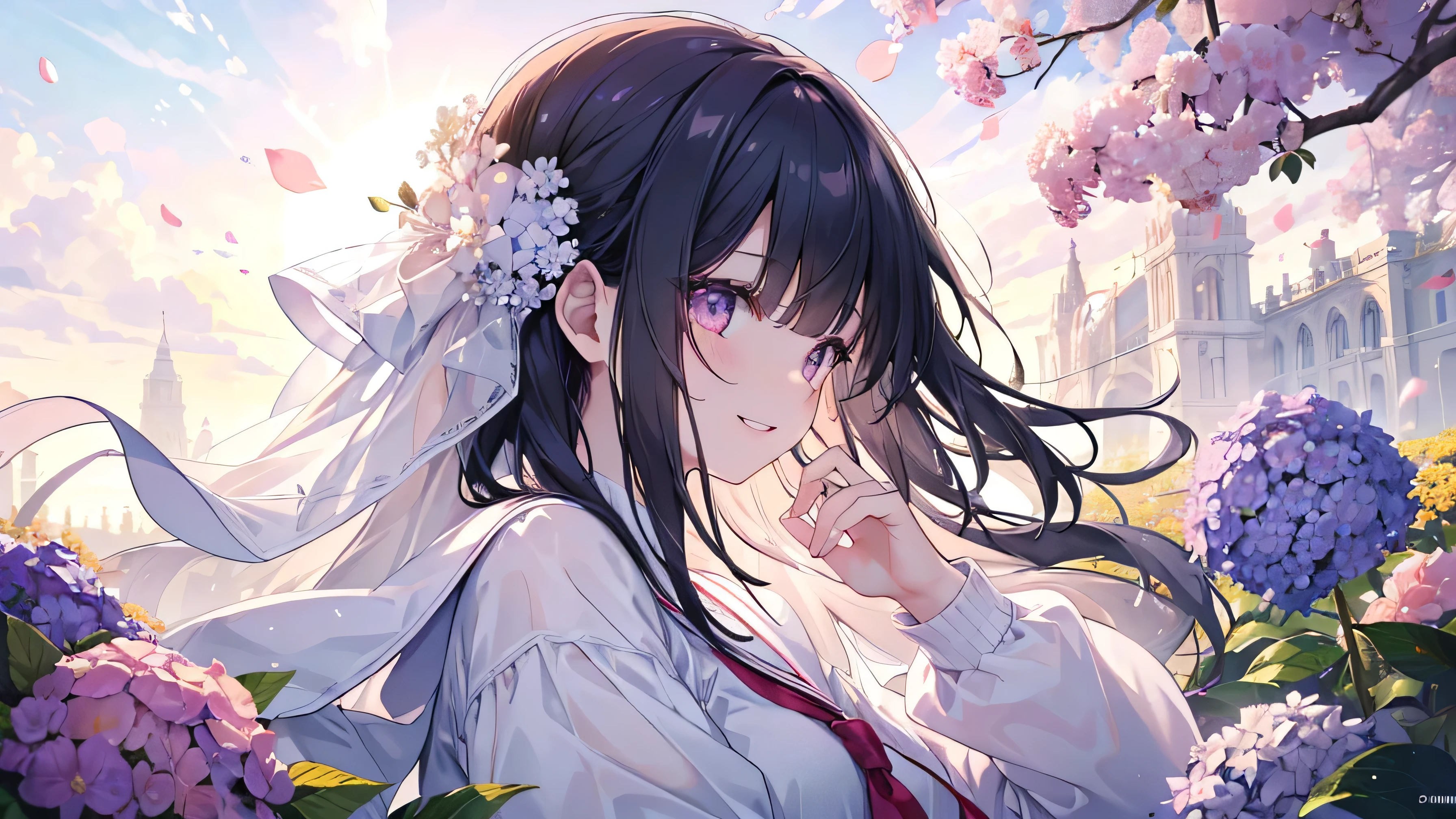 whole body,(((Highest quality、masterpiece、Ultra-fine、Ultra-fine、Exquisite、16k、Full HD,high school girl,))) 、Black Hair, (((profile))) 、((Soft sunlight、((sunny)) )),Hydrangea flowers blooming in the rain、Dark Eyes、Long eyelashes、White skin、(Pale pink lips、Pale pink cheeks、thin and long)、 ((cute)) ((one person)) 、((The best smile)) 、
