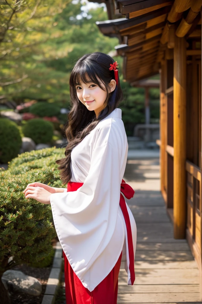Red hakama, red Japanese style pants, the lower half of the costume is red, Main hall of the shrine, Shrine maiden, ((full body)), ((photo)), ((best qualtiy, 8K, tmasterpiece: 1.3)), Focus: 1.2, perfect figure beautiful girl: 1.4, 1girl, cowboy shot, look at viewer, incredibly absurd, beautiful and cute girl with a photorealistic face, showcasing top-quality craftsmanship, Japanese girl sweeping the garden at the shrine, 17 years old, Her hair is half-up with smooth curls, glossy jet black long hair, Gentle features, Big deep brown eyes, Small face, Fair skin, Translucent, Smooth and silky skin, Natural eyebrow shape, Thin lips, Soft smile,, delicate, Well-balanced proportions, B cup small breasts, Simple and elegant shrine maiden costume, White robe and red hakama,, Beautiful girl, Clean, Healing, Moe, Elegant manners, Kind, Tolerant, Humble, Sincere, Deep faith, January