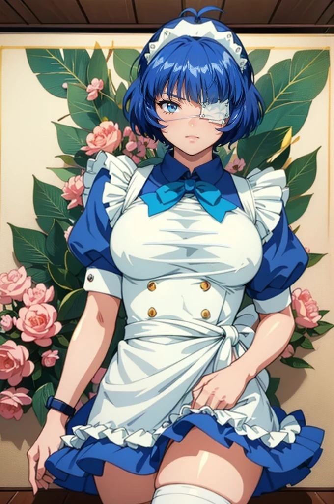 eyepatch、Women、Maid Fuku、mini skirt、Blue tone、Blue Short HairMucha's style,Big-breasted girl with a full view of her pussy,Serious poses,Arcaniic smile,(Mucha in the background)、Blue Hair、((白いEye patch))、((Holding handcuffs))、((Ryomoshimei、A warrior worth a thousand men))、((Faithful to the original))、Short Hair、White and blue maid costume、(A frilly maid headband on her head)、Red ribbon on chest、Frilly super mini skirt、MASTERPIECE、High quality、8Ｋ、Delicate portrait photography、Detailed cel drawing、Looking up from below、White panties are visible、Plump around the waist、