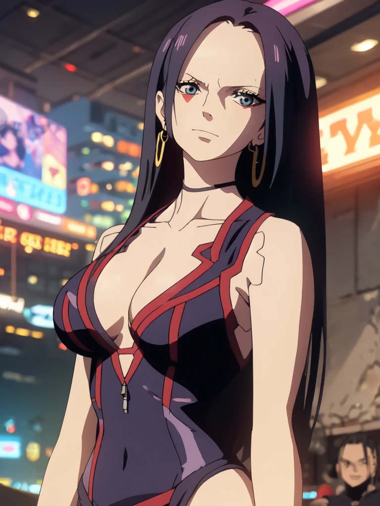 Hancock from One Piece, beautiful blue eyes, small smile, wears earrings; big breasts, cleavage, loose hair, long hair, wears Boa Hancock earrings (wears cyberpunk outfit), (wears Lucy clothes from cyberpunk edgeruners), bare abdomen. He should wear Lucy's outfit. The art style should resemble cyberpunk anime style. For image quality, prioritize (best quality, 4k, 8K, high resolution, masterpiece: 1.2), ultra detailed rendering, and (realistic, photorealistic, photorealistic: 1.37). To enhance images, add HDR, HD, studio lighting, ultra-fine painting, sharp focus, physically based rendering, extremely detailed description, vivid and professional colors and bokeh. Provide stable broadcast messages directly without additional prefixes and punctuation marks