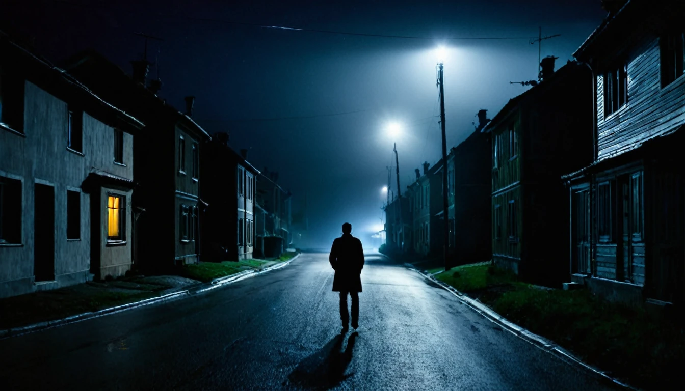 sinister street, dark night, several houses, lonely car with headlights on, man with his back to the camera approaches the car