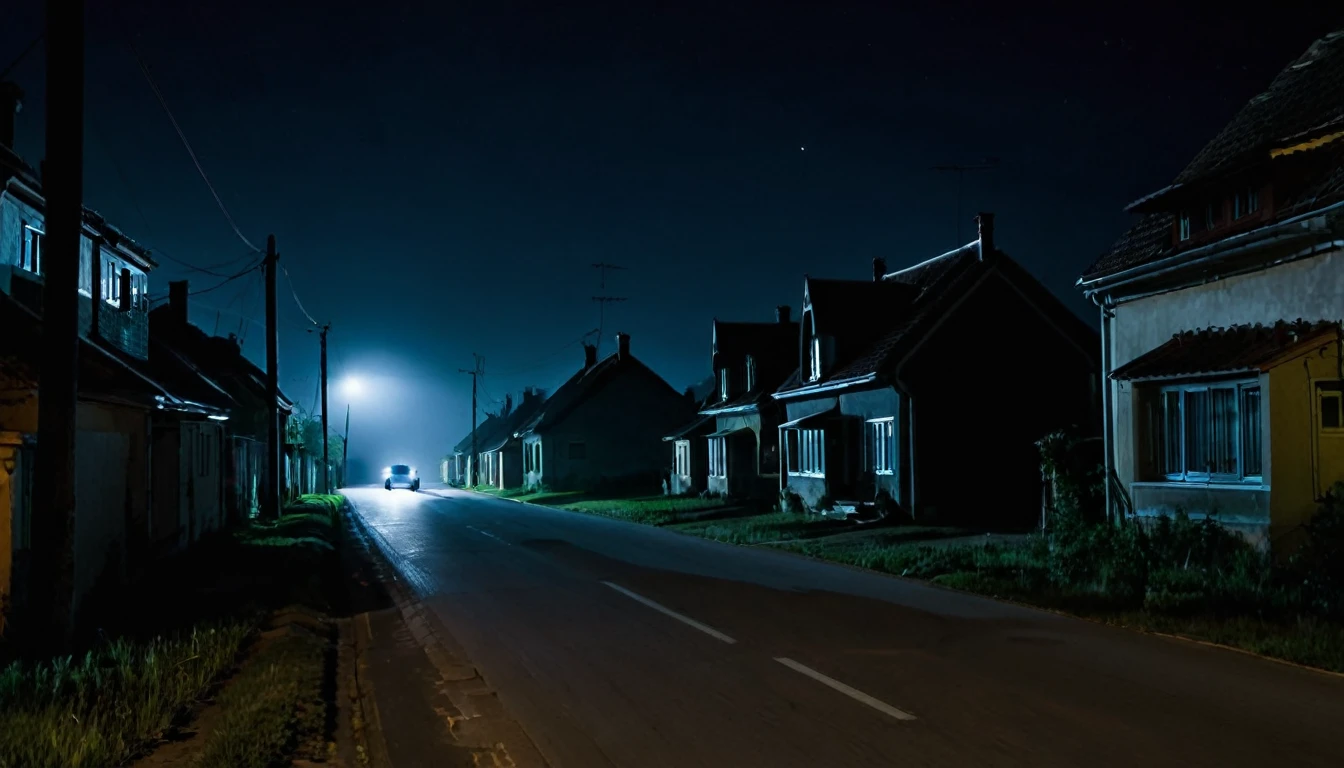 sinister street, dark night, several houses, lonely car with headlights on, man with his back to the camera approaches the car