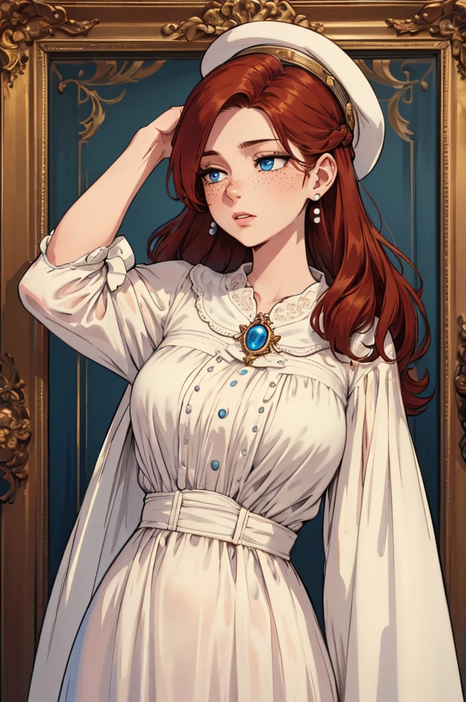 High definition, 4K, HD, 8K, Best Quality, Masterpiece, 1woman, historical early World War One 1900s American woman outfit, hair ornament, dress, ivory brooch, pearl earrings, medium length hair, brownish red hair, beautiful face solo, beautiful blue eyes, fair skin, some freckles