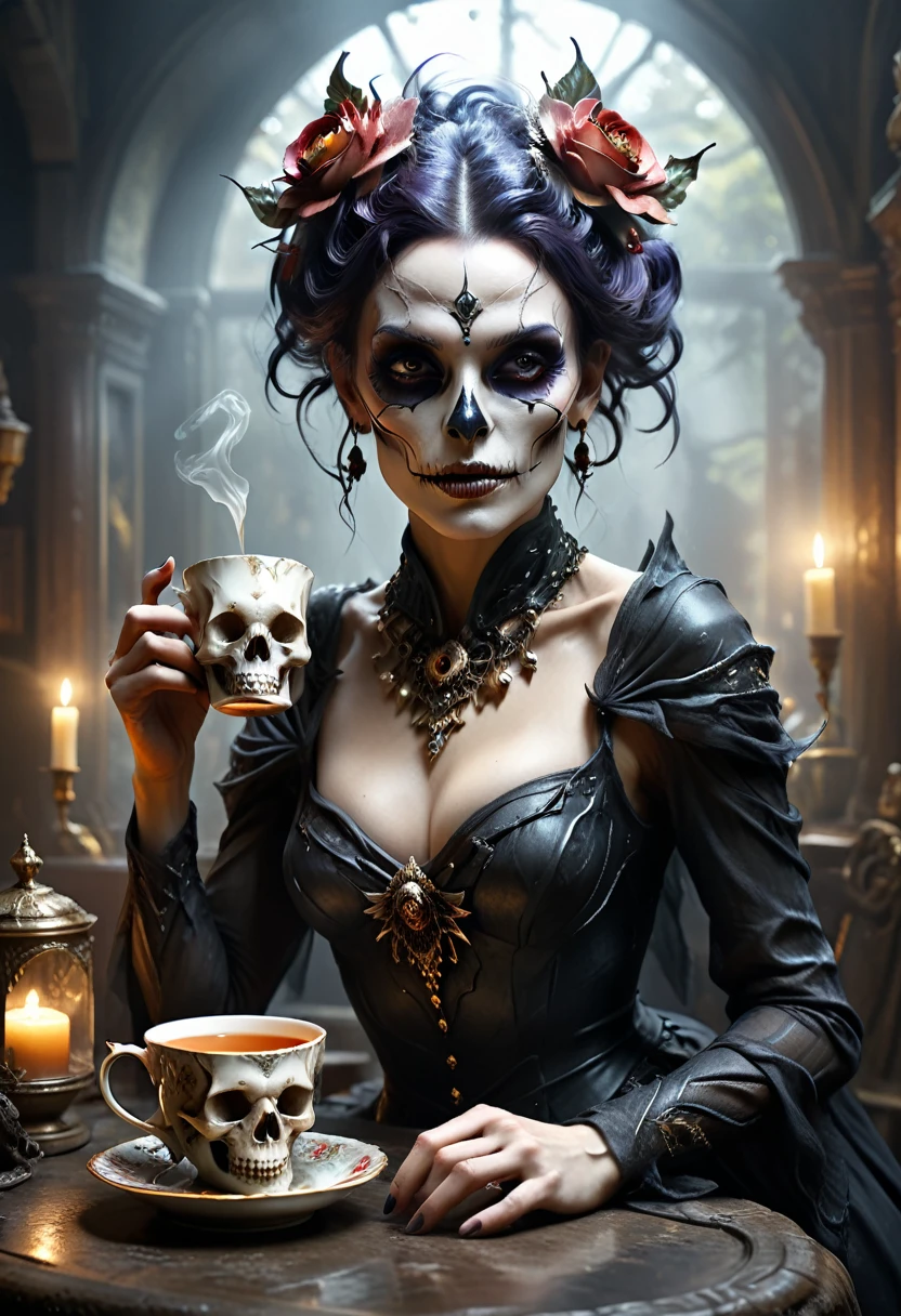 Ultra detailed digital art masterpiece, face portrait, mysterious dark fairy woman , drinking a delicious tea from a skull tea cup, realistic bobe skull teacup, ultra detailed london tea house, in year 1890, victorian style, rose flower style, Bone🦴 decor on table, white marble, victorian decals, perfect lighting, elegant, Tom Bagshaw, Anne Bachelier, unreal engine 5 nanite quality, mixed with dark elements, dark environment, very dark night , clean dark velour fairy clothing , dark washed out eyeliner, no make up, natural face, nose piercing, abstract , big shiny eyes, ultra detailed atmospheric details, beautiful glowing effects , sparkle effects , realistic body proportions , beautiful face proportions, complex masterpiece, wild hair style, creative glowing detailed tattoos, complex physics, enhanced colors, complimentary colors, ultra detailed raytracing reflections, Ultra detailed complex background, environment feels alive, direct eye contact, by BoneAge🦴
