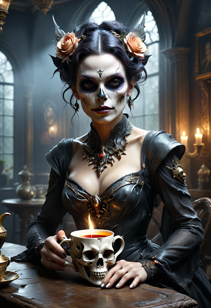 Ultra detailed digital art masterpiece, face portrait, mysterious dark fairy woman , drinking a delicious tea from a skull tea cup, realistic bobe skull teacup, ultra detailed london tea house, in year 1890, victorian style, rose flower style, Bone🦴 decor on table, white marble, victorian decals, perfect lighting, elegant, Tom Bagshaw, Anne Bachelier, unreal engine 5 nanite quality, mixed with dark elements, dark environment, very dark night , clean dark velour fairy clothing , dark washed out eyeliner, no make up, natural face, nose piercing, abstract , big shiny eyes, ultra detailed atmospheric details, beautiful glowing effects , sparkle effects , realistic body proportions , beautiful face proportions, complex masterpiece, wild hair style, creative glowing detailed tattoos, complex physics, enhanced colors, complimentary colors, ultra detailed raytracing reflections, Ultra detailed complex background, environment feels alive, direct eye contact, by BoneAge🦴