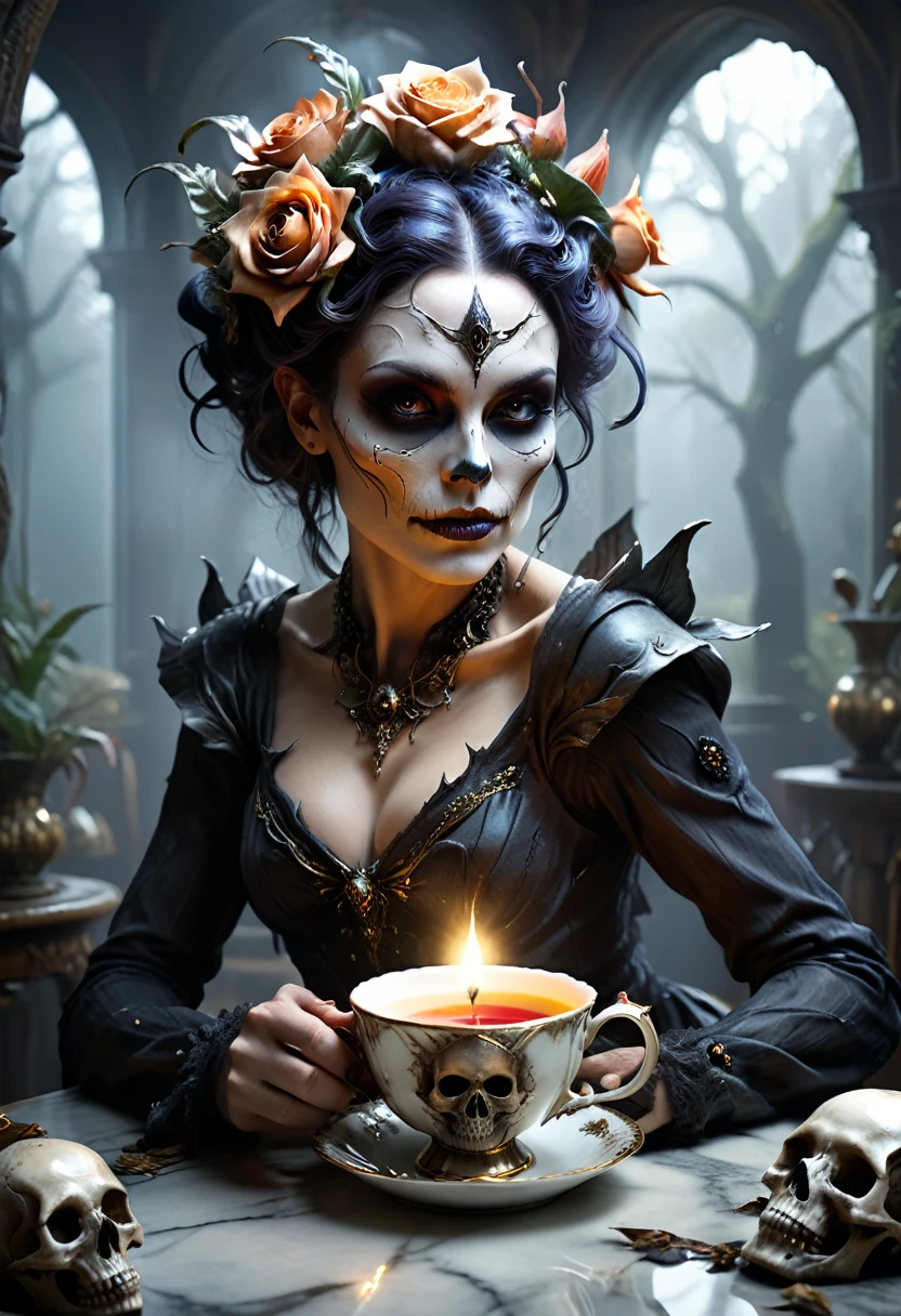 Ultra detailed digital art masterpiece, face portrait, mysterious dark fairy woman , drinking a delicious tea from a skull tea cup, realistic bobe skull teacup, ultra detailed london tea house, in year 1890, victorian style, rose flower style, Bone🦴 decor on table, white marble, victorian decals,  perfect lighting, elegant, Tom Bagshaw, Anne Bachelier, unreal engine 5 nanite quality, mixed with dark elements, dark environment, very dark night , clean dark velour fairy clothing , dark washed out eyeliner, no make up, natural face, nose piercing, abstract , big shiny eyes, ultra detailed atmospheric details, beautiful glowing effects , sparkle effects , realistic body proportions , beautiful face proportions, complex masterpiece, wild hair style, creative glowing detailed tattoos, complex physics, enhanced colors, complimentary colors, ultra detailed raytracing reflections, Ultra detailed complex background, environment feels alive, direct eye contact, by BoneAge🦴