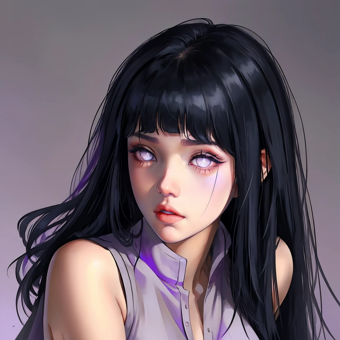 1girl, adult, Hinata Hyuga, the last, shy girl, long black hair, blunt bangs, dark hair, Voluminous hair, lavender eyes, no pupils, Lavender Sleeveless Blouse, big breasts, slim waist, close up masterpiece, best quality, Professional, realistic.