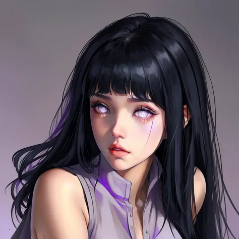 1girl, adult, hinata hyuga, the last, shy girl, long black hair, blunt bangs, dark hair, voluminous hair, lavender eyes, no pupi...