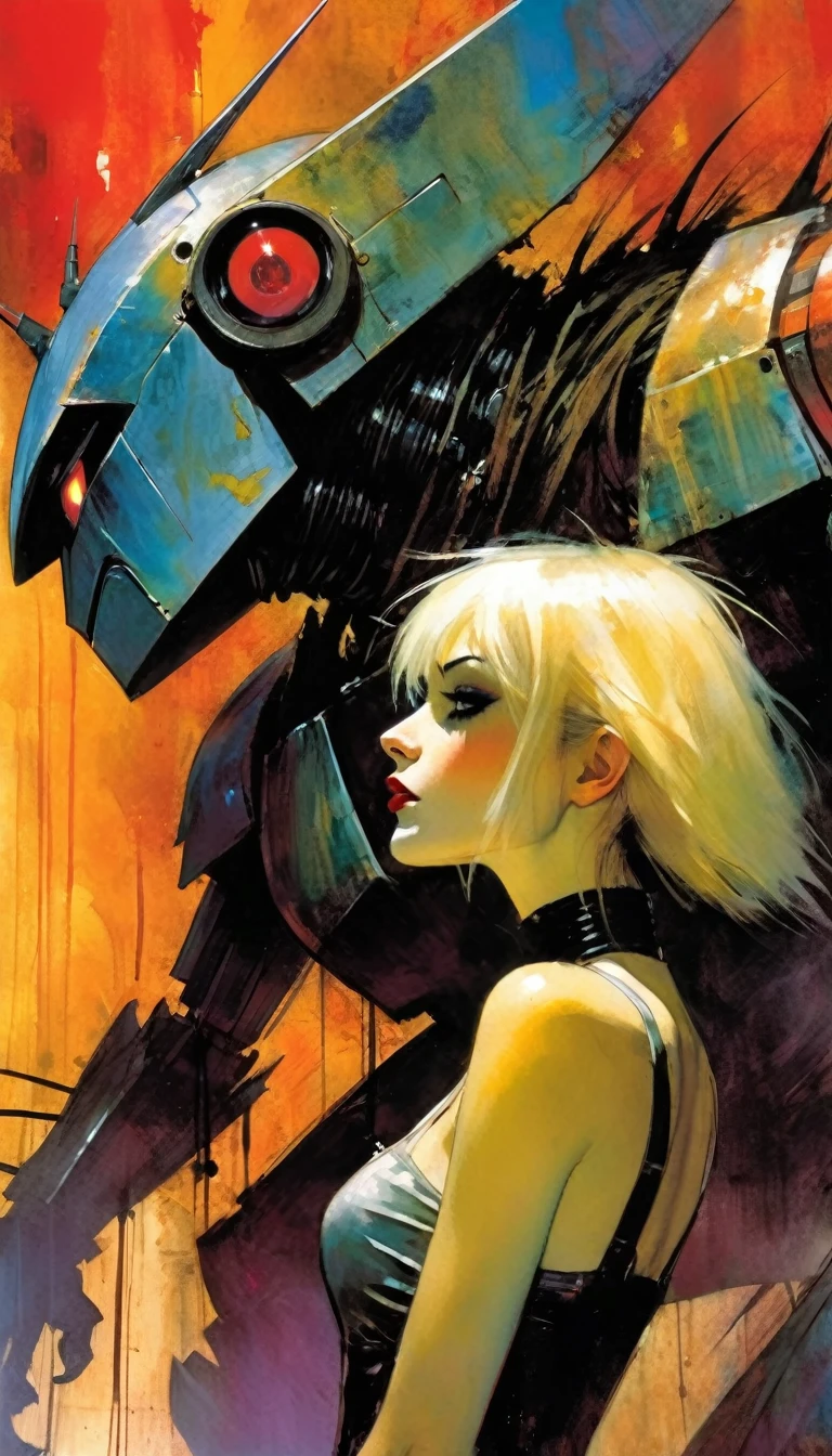 gothic punk sexy girl in love with giant robot monster (inspirational art by Bill Sienkiewicz, oil painting, details of brush strokes that enhance depth)