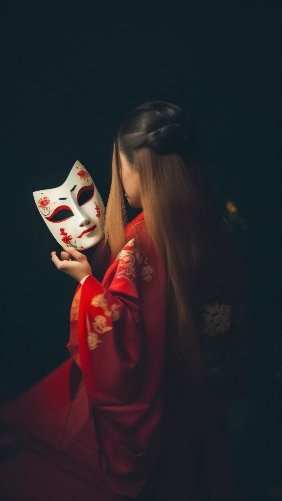 a woman in a red dress holding a mask in her hand, with kitsune mask, wearing a kitsune mask, kitsune mask, kitsune mask on head, inspired by Elsa Bleda, geisha mask, wearing noh theatre mask, wearing a noh theatre mask, broken mask, wearing mask, takato yamamoto aesthetic, inspired by Ayako Rokkaku