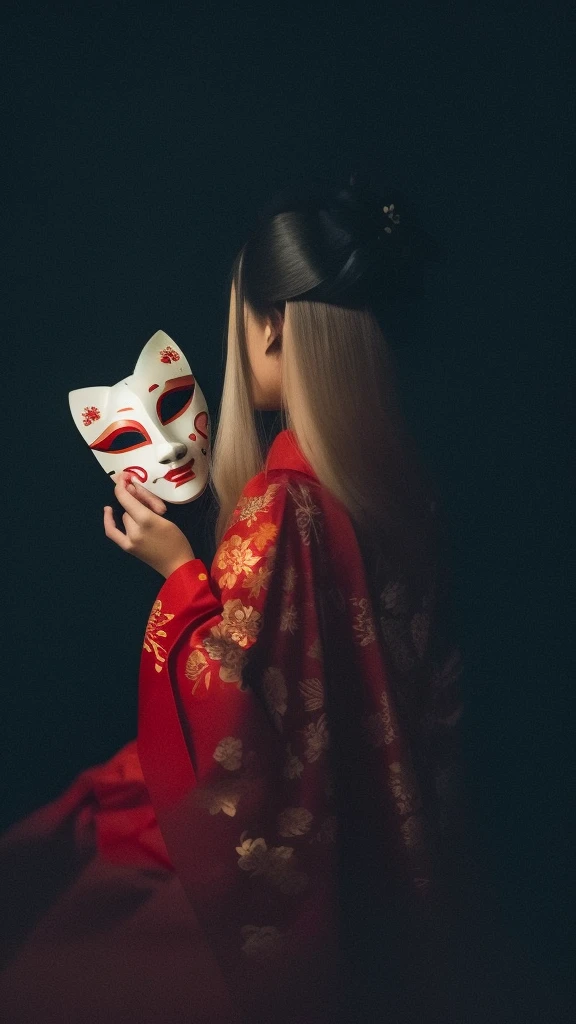 a woman in a red dress holding a mask in her hand, with kitsune mask, wearing a kitsune mask, kitsune mask, kitsune mask on head, inspired by Elsa Bleda, geisha mask, wearing noh theatre mask, wearing a noh theatre mask, broken mask, wearing mask, takato yamamoto aesthetic, inspired by Ayako Rokkaku