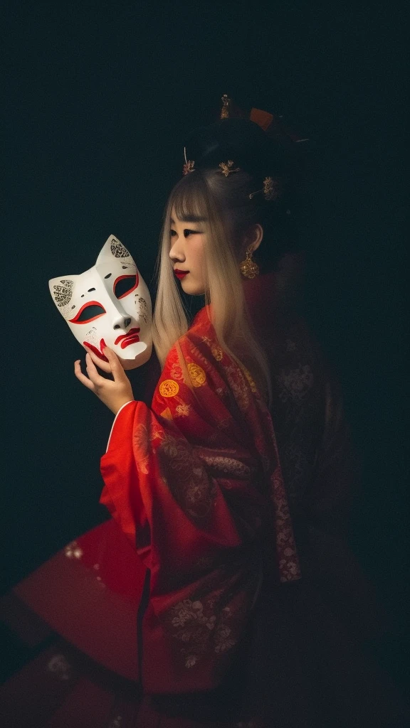a woman in a red dress holding a mask in her hand, with kitsune mask, wearing a kitsune mask, kitsune mask, kitsune mask on head, inspired by Elsa Bleda, geisha mask, wearing noh theatre mask, wearing a noh theatre mask, broken mask, wearing mask, takato yamamoto aesthetic, inspired by Ayako Rokkaku