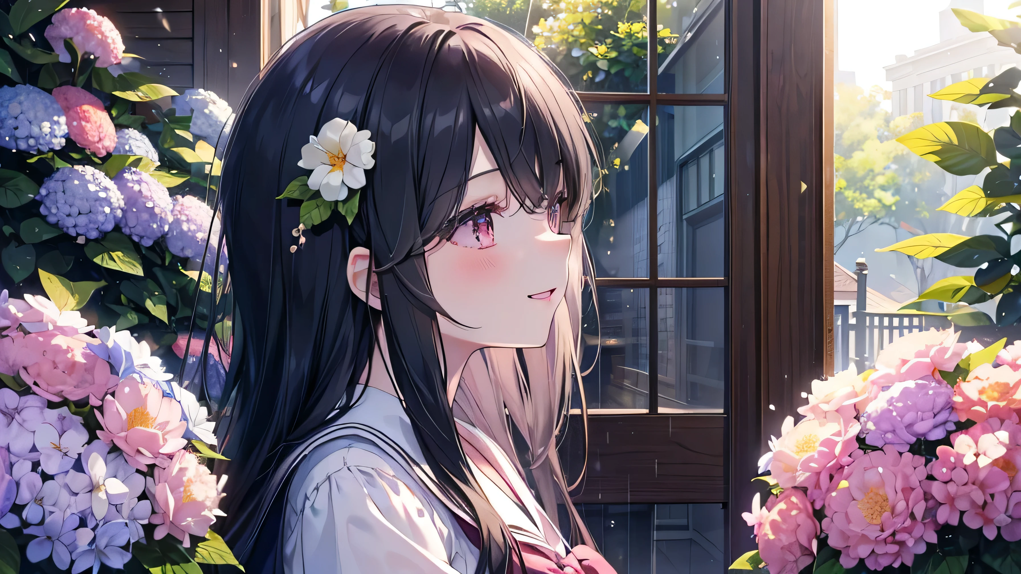 (((Highest quality、masterpiece、Ultra-fine、Ultra-fine、Exquisite、16k、Full HD,high school girl,))) 、Black Hair, (((profile))) 、((Soft sunlight、((sunny)) )),Hydrangea flowers blooming in the rain、Dark Eyes、Long eyelashes、White skin、(Pale pink lips、Pale pink cheeks、thin and long)、 ((cute)) ((one person)) 、((The best smile)) 、