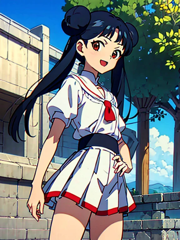 high school girl、Knee-high socks、Absolute area、Background white、Semi-long hair、whole body、Standing with your legs apart、Red Eyes、Displeased、to point at、Hands on hips、真summer、summer、Sunshine、Spiteful eyes、、Black Hair、blunt bangs、White shirt,1 girl, 2D CG, Advanced digital anime art, anime character