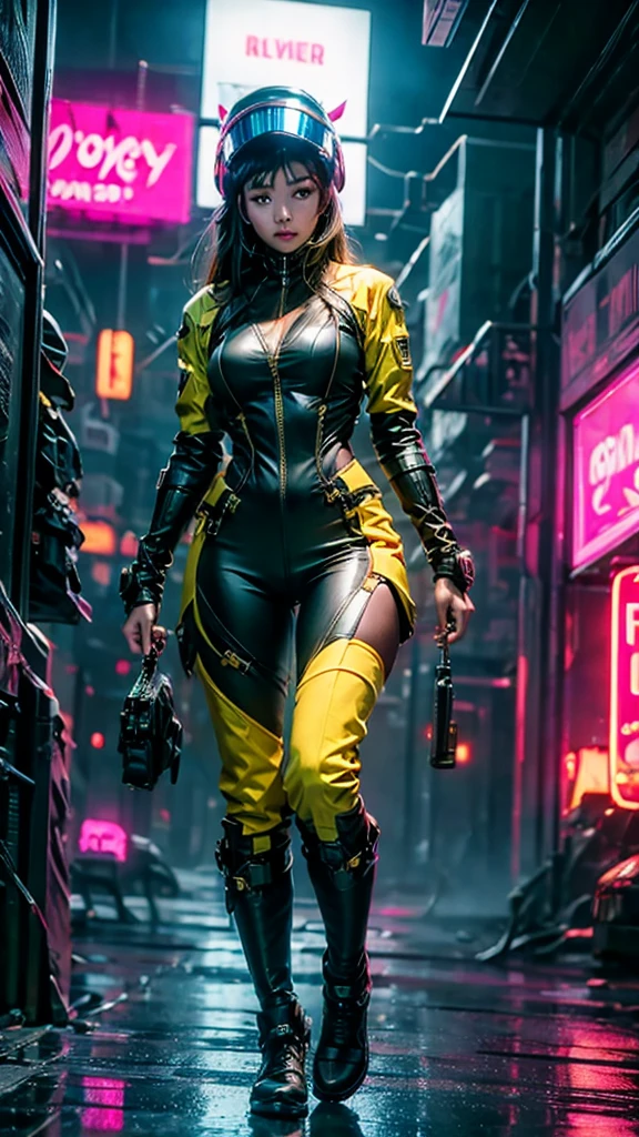 A woman, battle suit, with neon lights, closed helmet on her head, cyberpunk, sexy pose, extreme lights, extreme sharpness, (62k ultra definition), (((masterpiece))), (intricate details), beautiful original design,