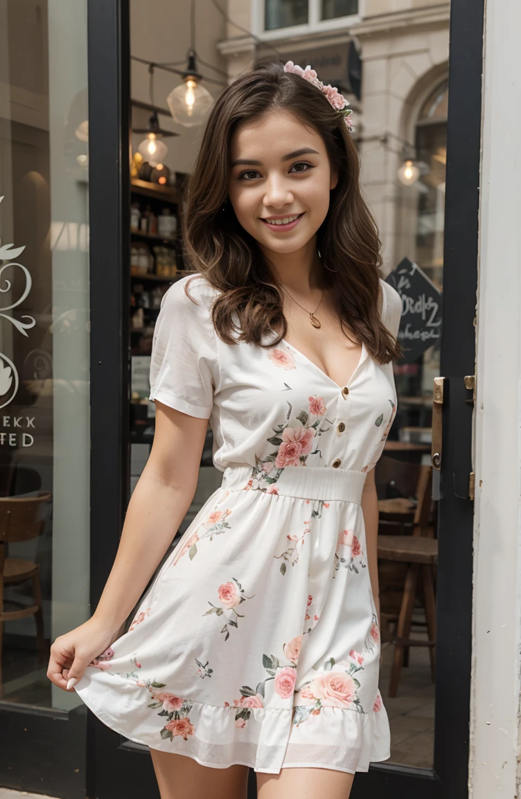 a girl setting on a cafe looks happy,wearing VERONICA 3D FLORAL DRESS