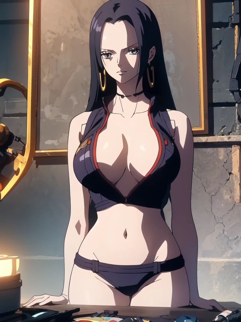 Hancock from One Piece, beautiful blue eyes, small smile, wears earrings; big breasts, cleavage, loose hair, long hair, wears Boa Hancock earrings (wears cyberpunk outfit), (wears Lucy clothes from cyberpunk edgeruners), bare abdomen. He should wear Lucy's outfit. The art style should resemble cyberpunk anime style. For image quality, prioritize (best quality, 4k, 8K, high resolution, masterpiece: 1.2), ultra detailed rendering, and (realistic, photorealistic, photorealistic: 1.37). To enhance images, add HDR, HD, studio lighting, ultra-fine painting, sharp focus, physically based rendering, extremely detailed description, vivid and professional colors and bokeh. Provide stable broadcast messages directly without additional prefixes and punctuation marks