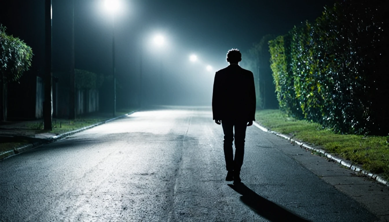 man walking alone, with his back to the camera, sinister street, car with headlights on