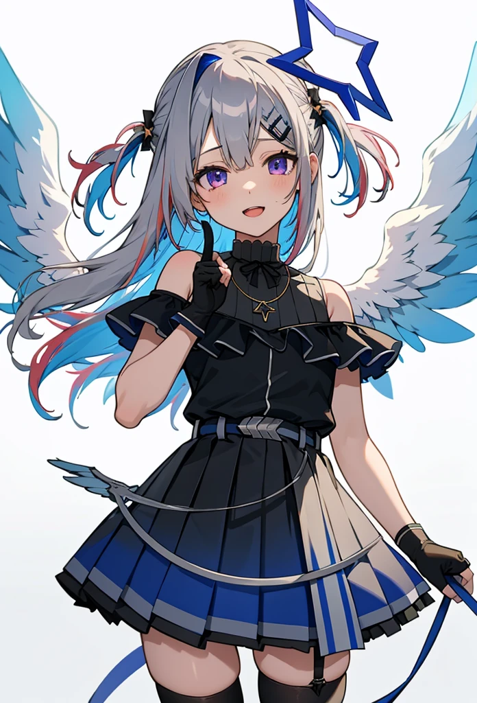 noberetkanatan1girl, solo, virtual youtuber, long hair, gloves, wings, multicolored hair, official alternate hair length, grey hair, colored inner hair, blue hair, angel wings, purple eyes, halo, star halo, official alternate hairstyle, partially fingerless gloves, angel, thigh strap, black gloves, hair ornament, dress, smile, looking at viewer, bangs, open mouth, two side up, jewelry, feathered wings, white background, pleated dress, single thighhigh, black dress, simple background, frills, bare shoulders, thighhighs, hairclip, necklace, gradient dress, belt, cowboy shot, index finger raised, finger to mouth, sleeveless, white wings