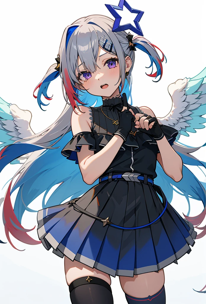 noberetkanatan1girl, solo, virtual youtuber, long hair, gloves, wings, multicolored hair, official alternate hair length, grey hair, colored inner hair, blue hair, angel wings, purple eyes, halo, star halo, official alternate hairstyle, partially fingerless gloves, angel, thigh strap, black gloves, hair ornament, dress, smile, looking at viewer, bangs, open mouth, two side up, jewelry, feathered wings, white background, pleated dress, single thighhigh, black dress, simple background, frills, bare shoulders, thighhighs, hairclip, necklace, gradient dress, belt, cowboy shot, index finger raised, finger to mouth, sleeveless, white wings