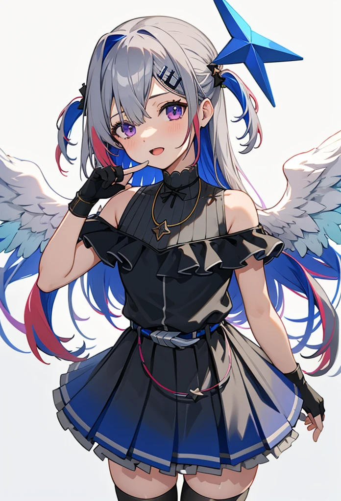 noberetkanatan1girl, solo, virtual youtuber, long hair, gloves, wings, multicolored hair, official alternate hair length, grey hair, colored inner hair, blue hair, angel wings, purple eyes, halo, star halo, official alternate hairstyle, partially fingerless gloves, angel, thigh strap, black gloves, hair ornament, dress, smile, looking at viewer, bangs, open mouth, two side up, jewelry, feathered wings, white background, pleated dress, single thighhigh, black dress, simple background, frills, bare shoulders, thighhighs, hairclip, necklace, gradient dress, belt, cowboy shot, index finger raised, finger to mouth, sleeveless, white wings