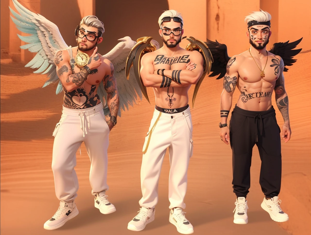 Best quality, tatto, 3 amigos homens, 26 anos, goggles on forehead, olhos azuis, asas, black white pants, sapato branco, cabelo curto branco, barba, gold watch, heart face tattoo, gold cord