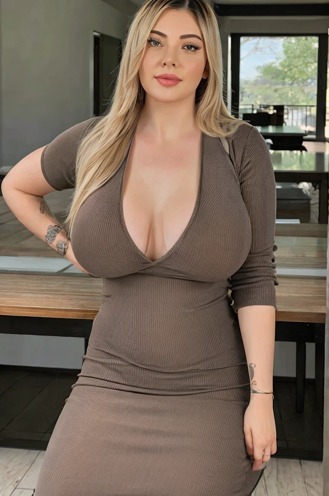 Pakistani Girl beautiful Big breasts wearing Sexy Olivia Midi Slip Dress with a large neckline room large desk sitting position looks me in the eyes beautiful long hair seduces duże kobiece piersi duży dekolt w swetrze Big large